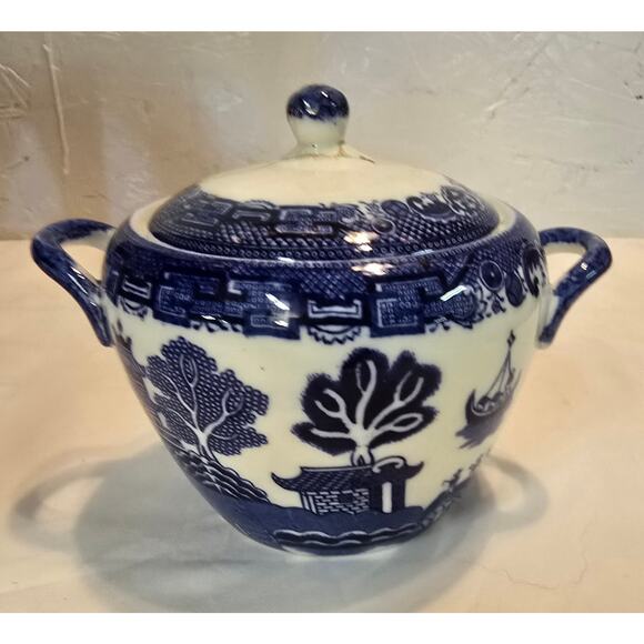 Antique ~ Allertons Ltd  Blue Willow - Double Handled Sugar Bowl w/ Lid England - Picture 1 of 8